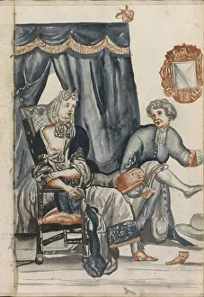 Canopy Bed Prints: Woman sitting in front of a four poster bed, 1696. Creator: Hendrick van Beaumont