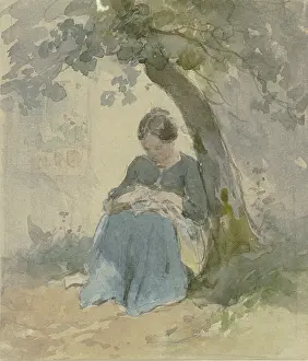 Underneath Prints: Woman sitting under a tree sewing, c1840-1890s. Creator: Philipp Rumpf