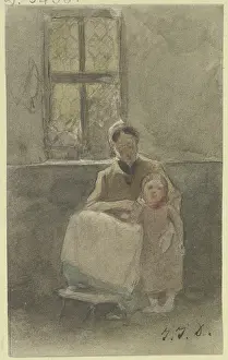 Apron Prints: A woman sitting by a window holds a child standing beside her