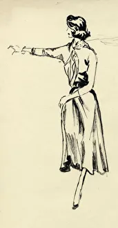 Sweater Prints: Woman in full skirt with outstretched arm, c1950. Creator: Shirley Markham
