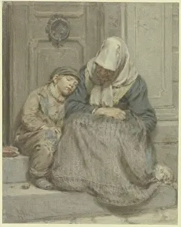 Sitting On Ground Prints: Woman sleeping with a boy in front of a door, 1853. Creator: Angilbert Gobel