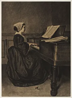 Woman at the Spinet, 1860. Creator: Francois Bonvin (French, 1817-1887)