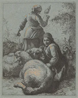 Woman Spinner and a Shepherd with Flock, 1758/1759. Creator: Francesco Londonio Woman Spinner and a Shepherd with Flock, 1758/1759. Creator: Francesco Londonio