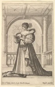 Bosse Abraham Prints: A woman standing, facing the left in profile, wearing a hat and a lace collar, reading