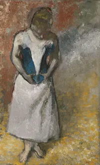 Brassieres Prints: Woman standing from the front, clasping her corset