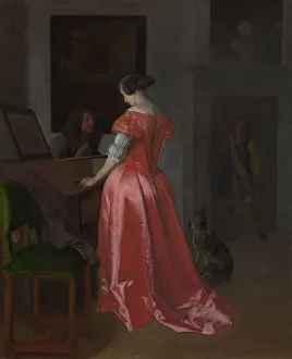 Virginalist Prints: A Woman standing at a Harpsichord, ca 1675. Artist: Ochtervelt, Jacob Lucasz. (1634-1682)