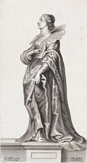 A woman standing on a pedestal, wearing a fur-trimmed coat and ruff, ca. 1640-70. ca