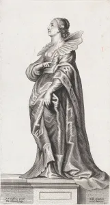 Peeter Prints: A woman standing on a pedestal, wearing a fur-trimmed coat and ruff, ca. 1640-70. ca