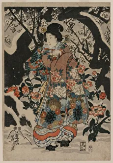 Woman Standing Beside a Plum Tree, c. 1850. Creator: Utagawa Kunisada (Japanese Woman Standing Beside a Plum Tree, c. 1850. Creator: Utagawa Kunisada (Japanese