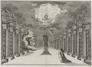 Etched Collection: A woman standing on the right side of a road lined with columns; at center a statue of a f... 1674