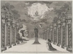 Kusel Mathaus Prints: A woman standing on the right side of a road lined with columns; at center a statue of a f