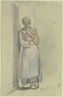 Sadness Prints: A woman stands with her right shoulder against the front door