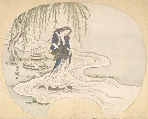 Ichieisai Prints: A Woman Stands on a Rock in a Stream Washing Clothes, ca. 1828