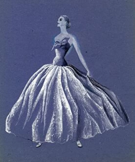 Gouache Collection: Woman in strapless ballgown, c1952. Creator: Shirley Markham
