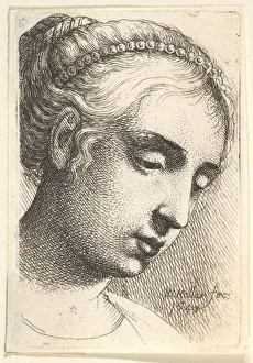 Woman with string of pearls in her hair looking downwards to right, 1645
