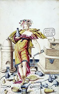 A woman surrounded by alchemical instruments. Creator: Unknown