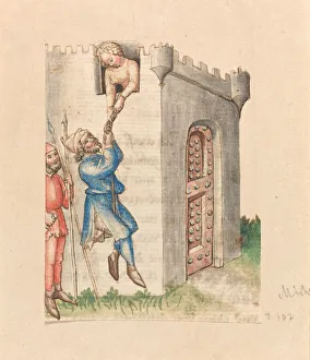 Woman Suspending Man from Tower, c. 1420/1430. Creator: Unknown Woman Suspending Man from Tower, c. 1420/1430. Creator: Unknown
