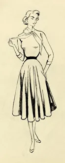Woman in sweater and full skirt, c1950. Creator: Shirley Markham