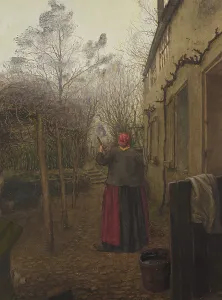 Backyard Prints: Woman Sweeping the Yard outside the Inn at Vaugirard, 1865. Creator: Leon Bonvin