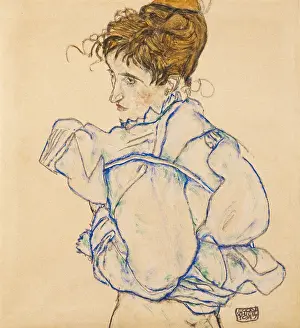 Schiele Prints: Woman taking off her blouse (probably Edith Schiele)