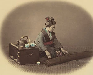 Albumen Silver Print From Glass Negative With Applied Color Gallery: Woman with Tea Set Playing the Koto, ca. 1860. Creator: Felice Beato
