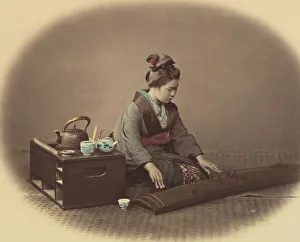 Beato Prints: Woman with Tea Set Playing the Koto, ca. 1860. Creator: Felice Beato