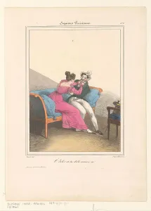 Lace Cap Prints: Woman teases her lover, 1827-1828. Creator: Francis Conscience