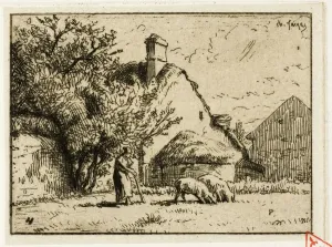 Tending Prints: Woman Tending Two Pigs, 1849. Creator: Charles Emile Jacque