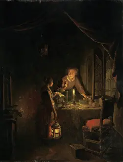 Lantern Prints: Woman Tidying the Supper Table, c1655-1660. Creator: Gerrit Dou