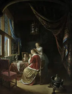 Pearl Earring Prints: Woman at her Toilet, 1667. Creator: Dou, Gerard (Gerrit) (1613-1675)