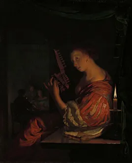 Mieris Frans Van Prints: Woman tuning a theorbo, 1665. Creator: Frans van Mieris I