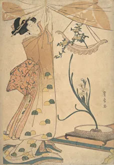 Toyohiro Utagawa Prints: A Woman Tying up a Curtain, a Flower Arrangement of Chrysanthemums in a Boat-shaped Ha