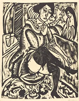 Tying Prints: Woman Tying Her Shoe (Frau, Schuh Zuknopfend), 1912. Creator: Ernst Kirchner