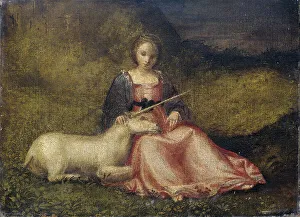 Venetian School Collection: Woman with Unicorn, c. 1510. Artist: Anonymous