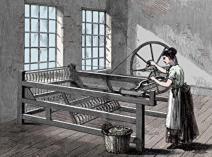 Spinning Machine Gallery: Woman using a Spinning Jenny, c1880