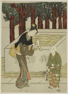 Harunobu Prints: Woman Washing Her Hands before Entering a Shrine, c. 1767. Creator: Suzuki Harunobu