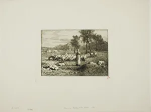 Etchingetching On Ivory Wove Paper Prints: Woman Watching Over a Herd of Pigs, 1868. Creator: Charles Emile Jacque
