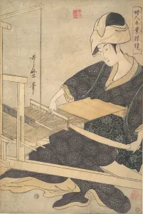 Weaver Prints: A Woman Weaving, Seated at a Hand Loom, ca. 1796. Creator: Kitagawa Utamaro