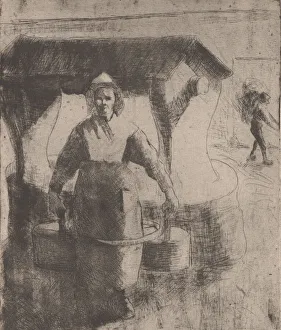 Second State Of Three Prints: Woman at a Well, 1891. Creator: Camille Pissarro