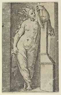 Mythological Figure Gallery: Woman with a winged head standing in a niche, ca. 1510-27. Creator: Marcantonio Raimondi