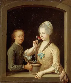 Sniffing Prints: A Woman and a Young Man at a Window, c1770-1780. Creator: Johann Andreas Herrlein