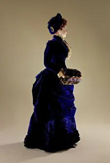 Hand Warmer Prints: Woman's two-piece dress ensemble with matching hat