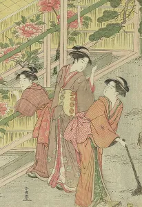 Sweeping Prints: Women Admiring Peonies, c. 1789/1801. Creator: Katsukawa Shuncho