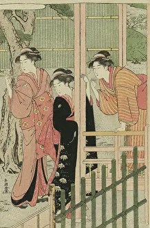 Oban Triptych Prints: Women Admiring Peonies, c. 1789/1801. Creator: Katsukawa Shuncho