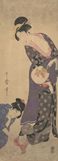 Transparent Prints: Two Women with a Baby who is Playing on the Floor, ca. 1793. Creator: Kitagawa Utamaro