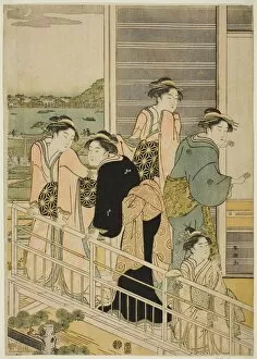 Yoshiwara Gallery: Women on a Balcony of a Yoshiwara Teahouse, c. 1780s. Creator: Katsukawa Shuncho