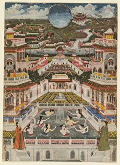 Mughal Collection: Women bathing before an architectural panorama, c. 1765. Creator: Fayzullah (Indian, active c)