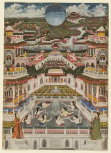 Mughal Prints: Women bathing before an architectural panorama