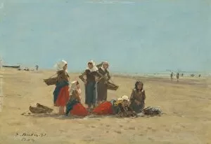 Boudin Collection: Women on the Beach at Berck, 1881. Creator: Eugene Louis Boudin