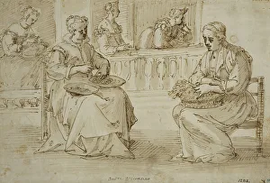 Balconies Prints: Two women with bowls in their laps sit on a terrace. Creator: Pietro Liberi